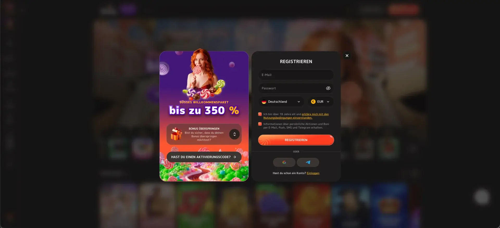 Registrierungsfenster von Iris Casino