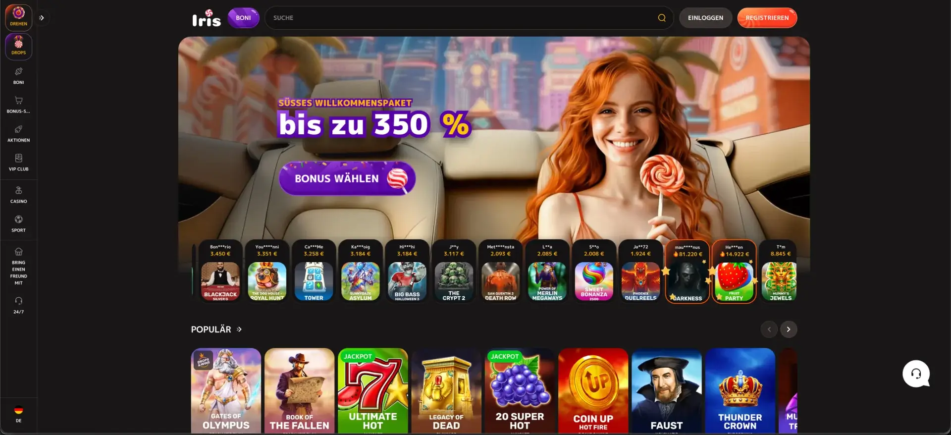 Startseite und Lobby von Iris Casino
